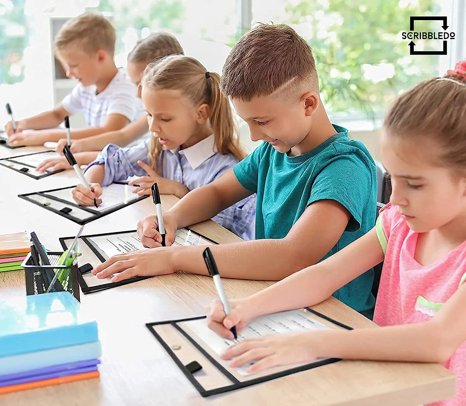 6 pack Dry Erase Pockets Black Plastic Sleeves