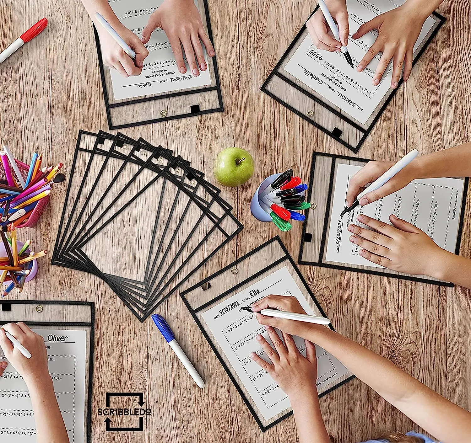 6 pack Dry Erase Pockets Black Plastic Sleeves