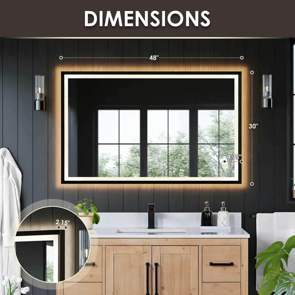 Altair Anti-Fog Dimmable Bathroom LED Vanity Mirror, Matte Black or Gold - 3 Sizes up to 48"