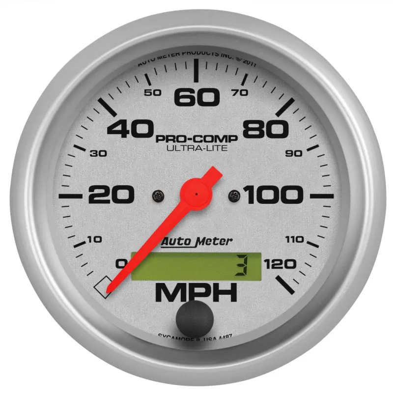 Auto Meter Ultra-Lite 120 MPH Speedometer - Electric - Analog - 3-3/8 in Diameter - Programmable - Silver Face