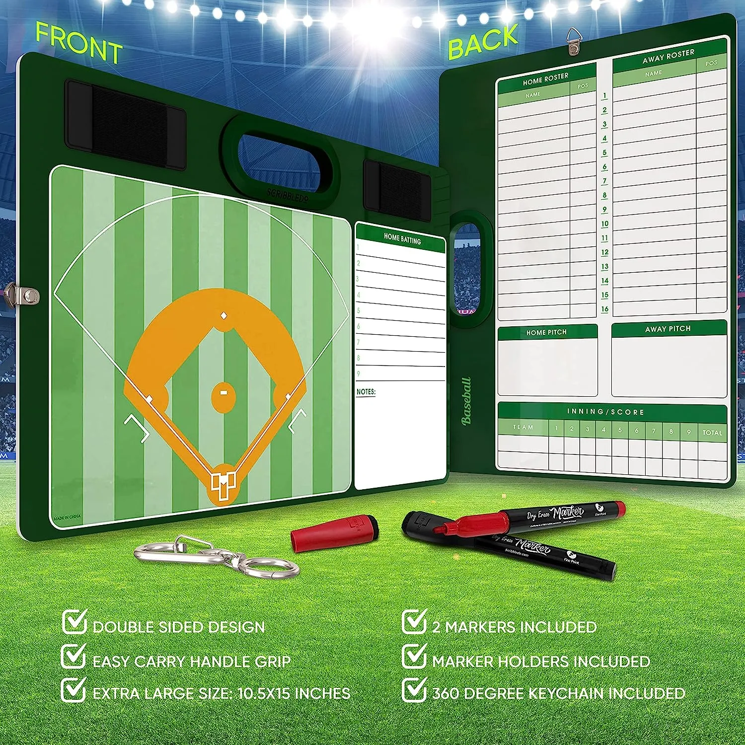 Baseball Double Sided Board for Coaches 15"x10.5" with Markers