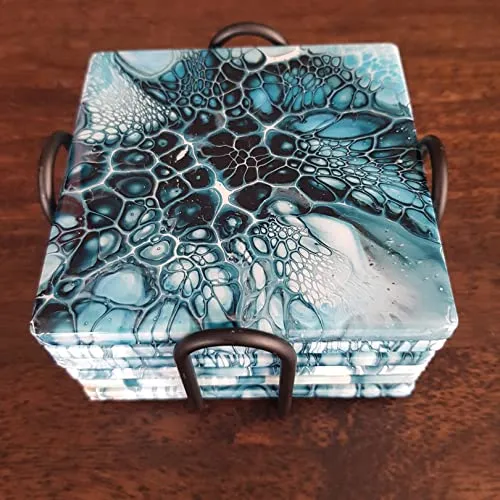 Ceramic Coaster Sets - 12 Square 4 INCH MATT Absorbent Coasters - Cork Backing & 2 Metal Stands - for Acrylic Pouring