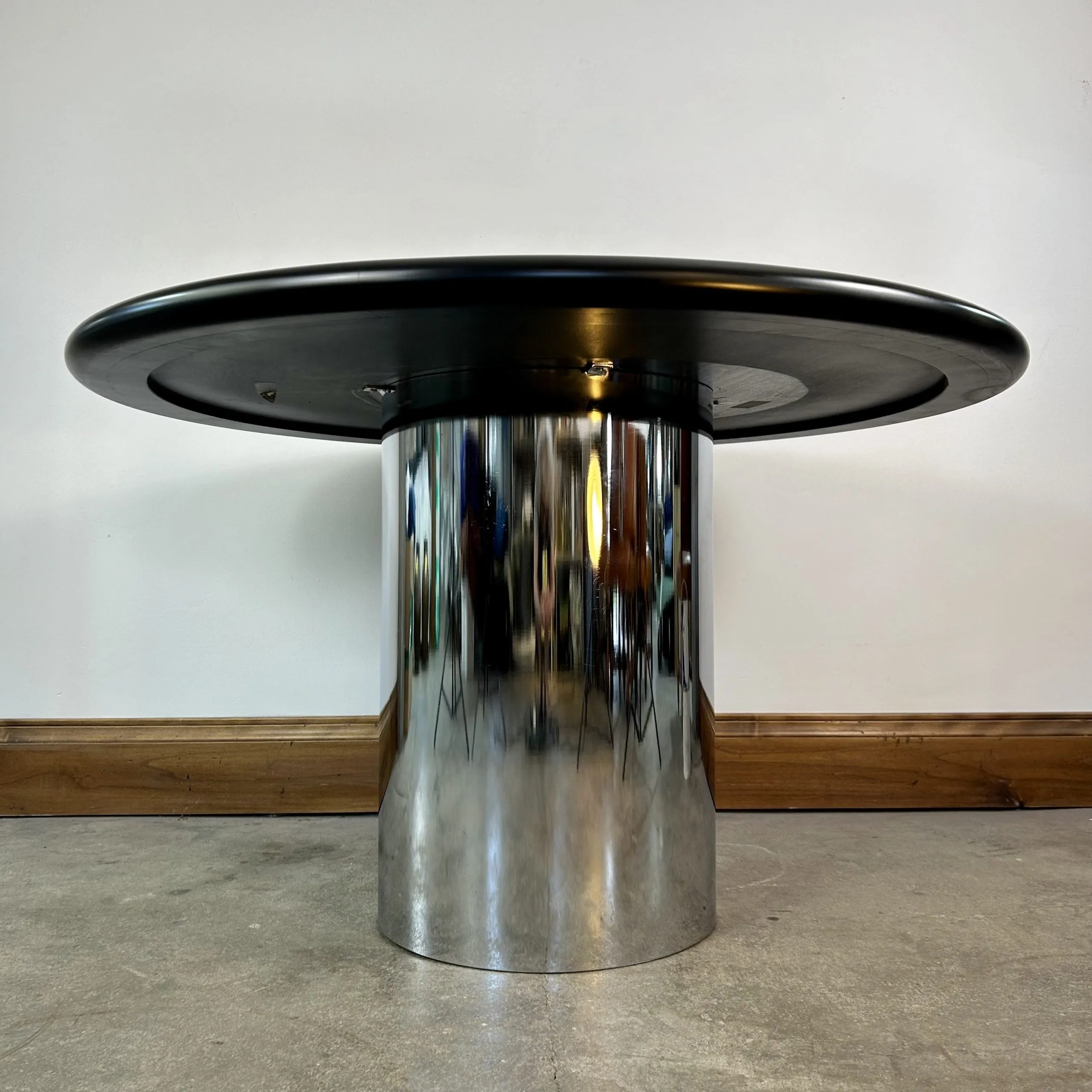 Cumberland Drum-Base Dining Table, Stainless Steel, Lacquer Top
