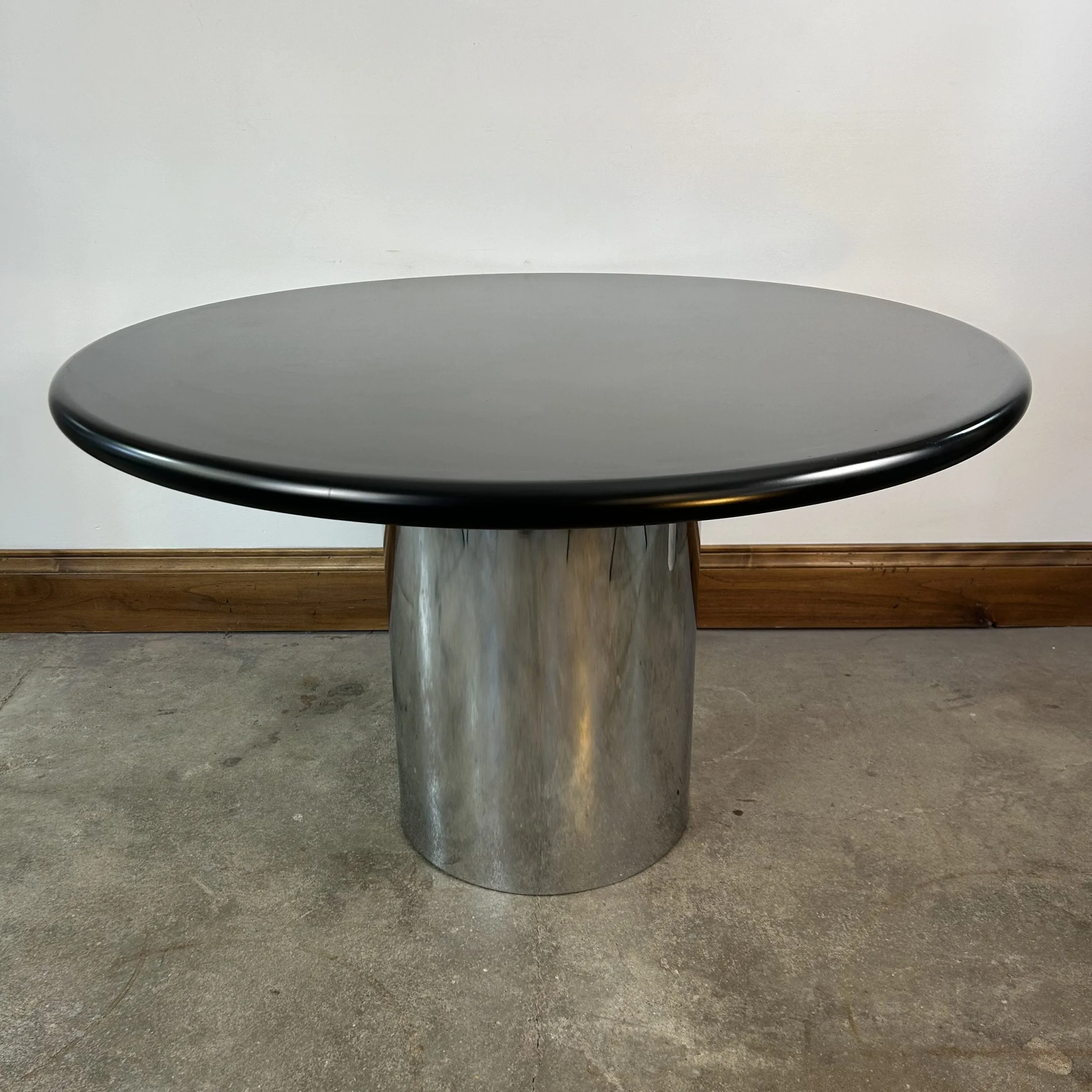 Cumberland Drum-Base Dining Table, Stainless Steel, Lacquer Top