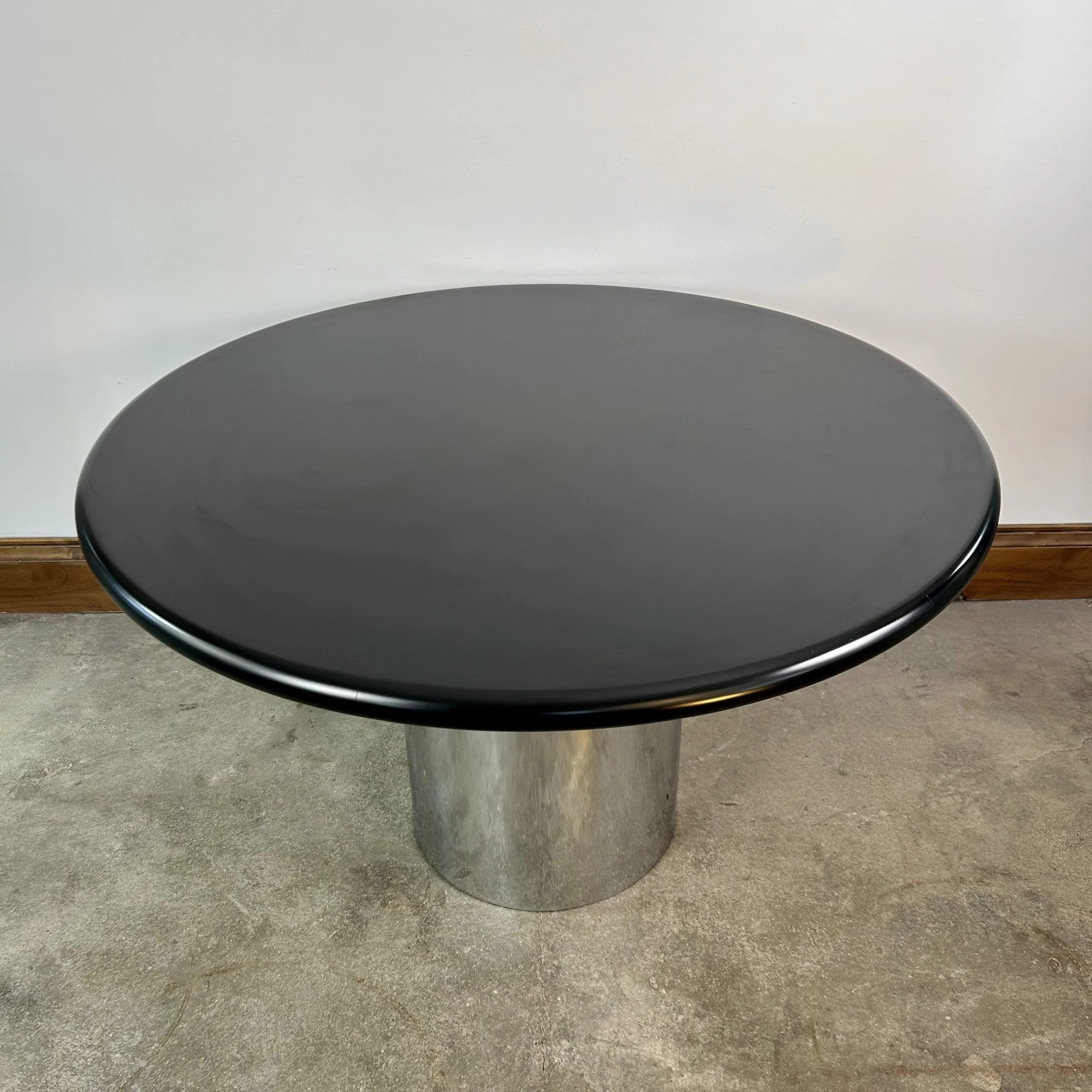 Cumberland Drum-Base Dining Table, Stainless Steel, Lacquer Top
