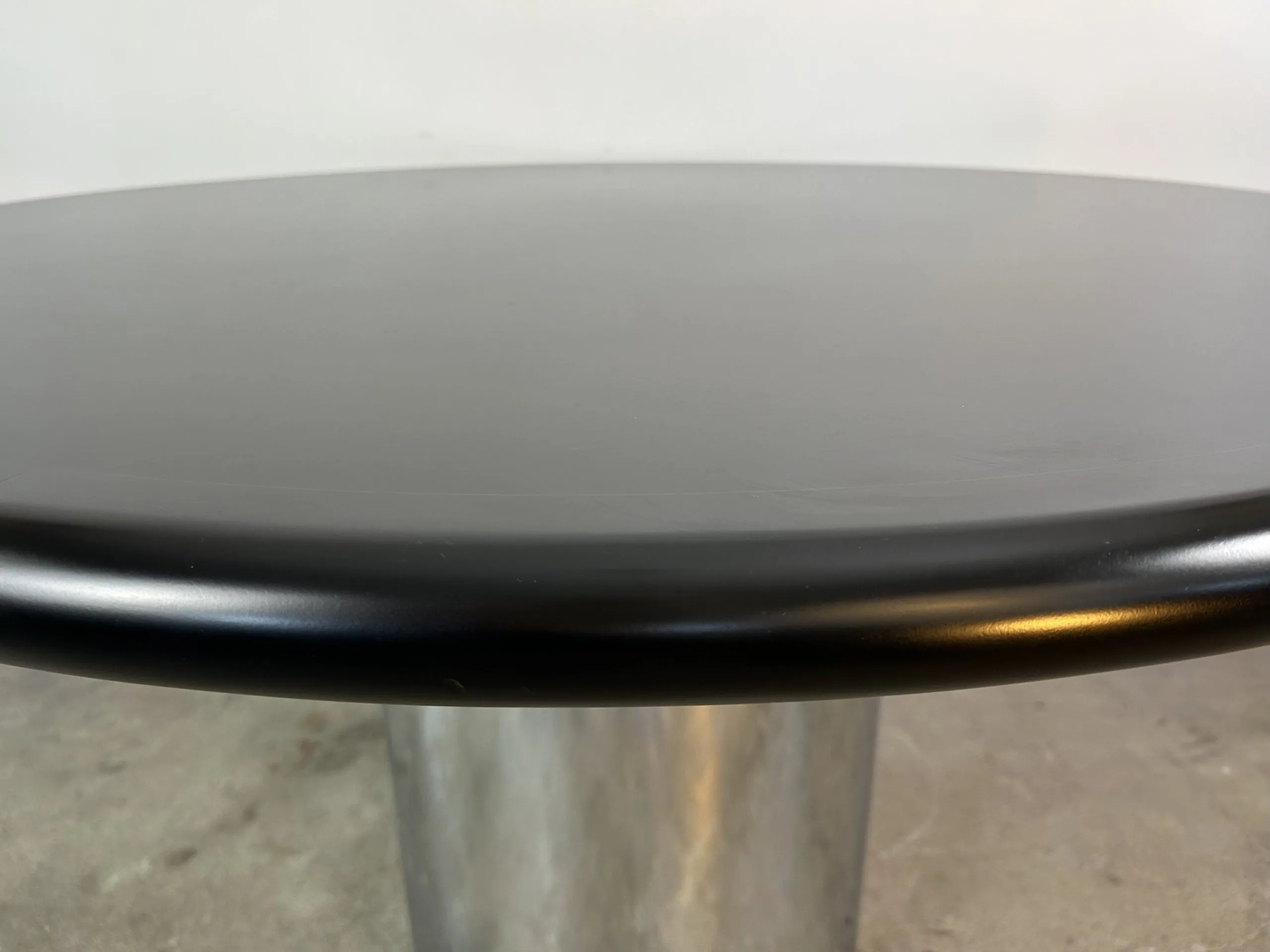Cumberland Drum-Base Dining Table, Stainless Steel, Lacquer Top