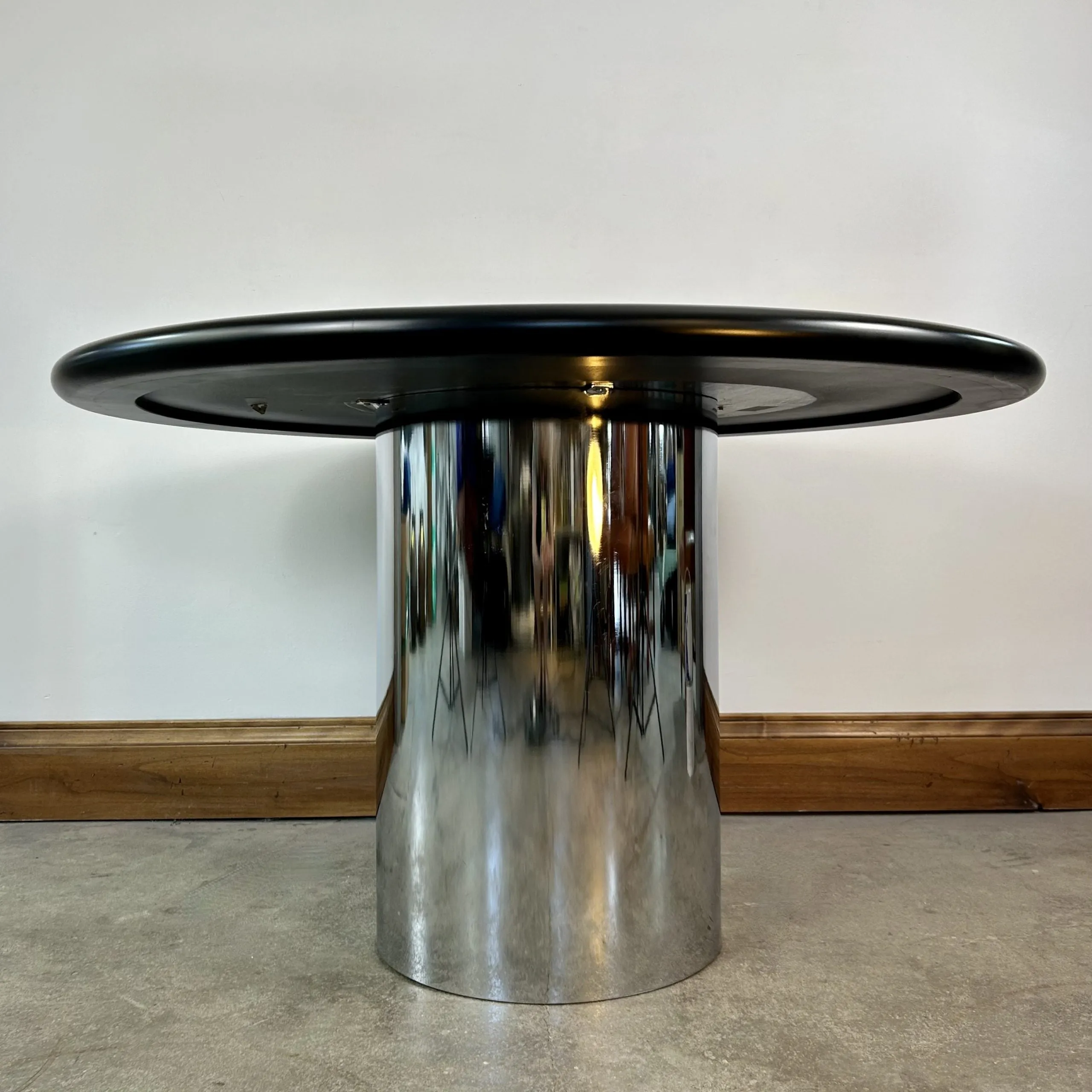Cumberland Drum-Base Dining Table, Stainless Steel, Lacquer Top