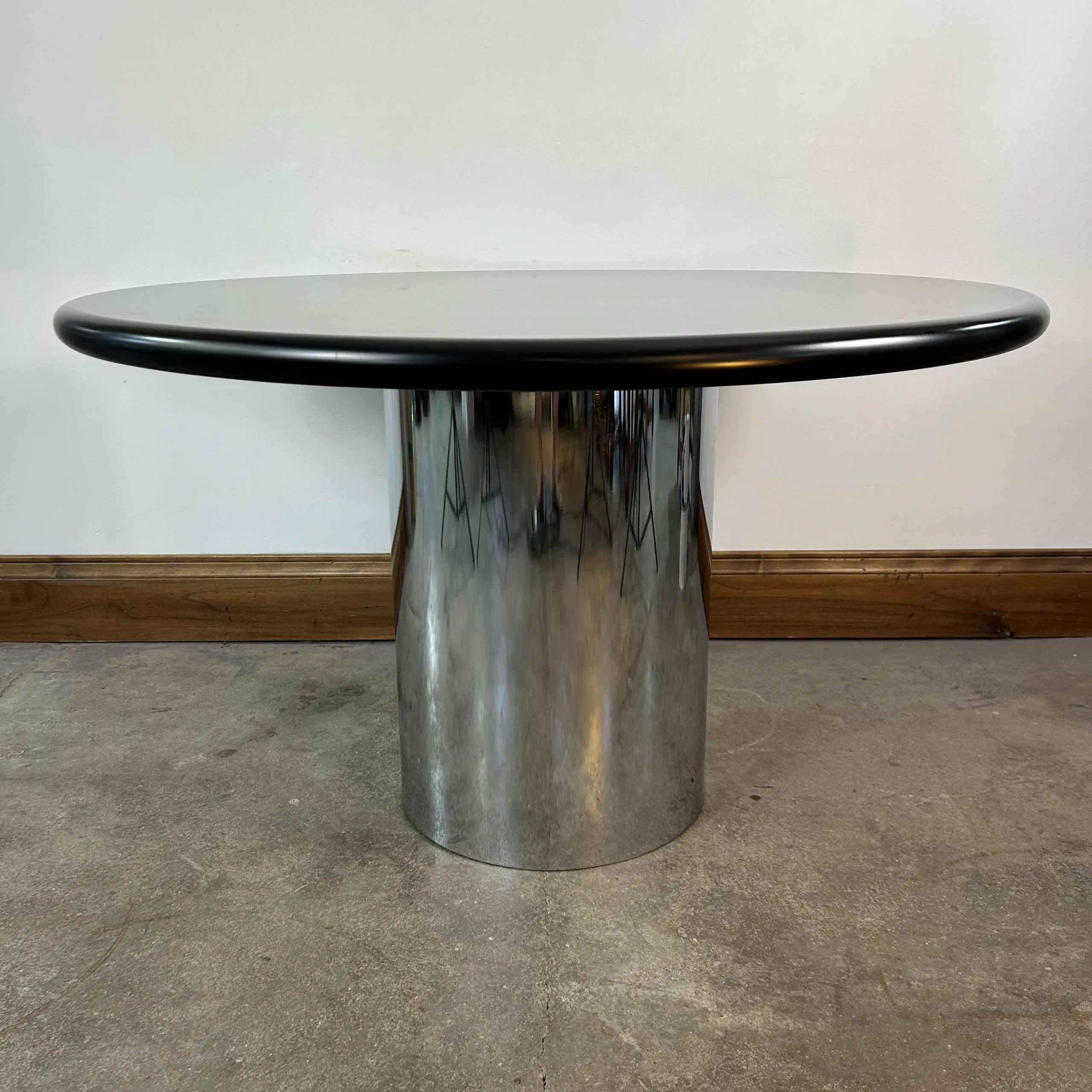 Cumberland Drum-Base Dining Table, Stainless Steel, Lacquer Top
