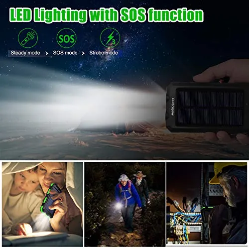 Durecopow Solar Charger, 20000mAh Portable Outdoor Waterproof Solar Power Bank, Camping External Backup Battery Pack Dual 5V USB Ports Output, 2 Led Light Flashlight with Compass (Green)