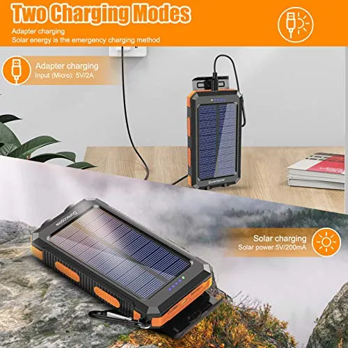 Durecopow Solar Charger, 20000mAh Portable Outdoor Waterproof Solar Power Bank, Camping External Backup Battery Pack Dual 5V USB Ports Output, 2 Led Light Flashlight with Compass (Orange)