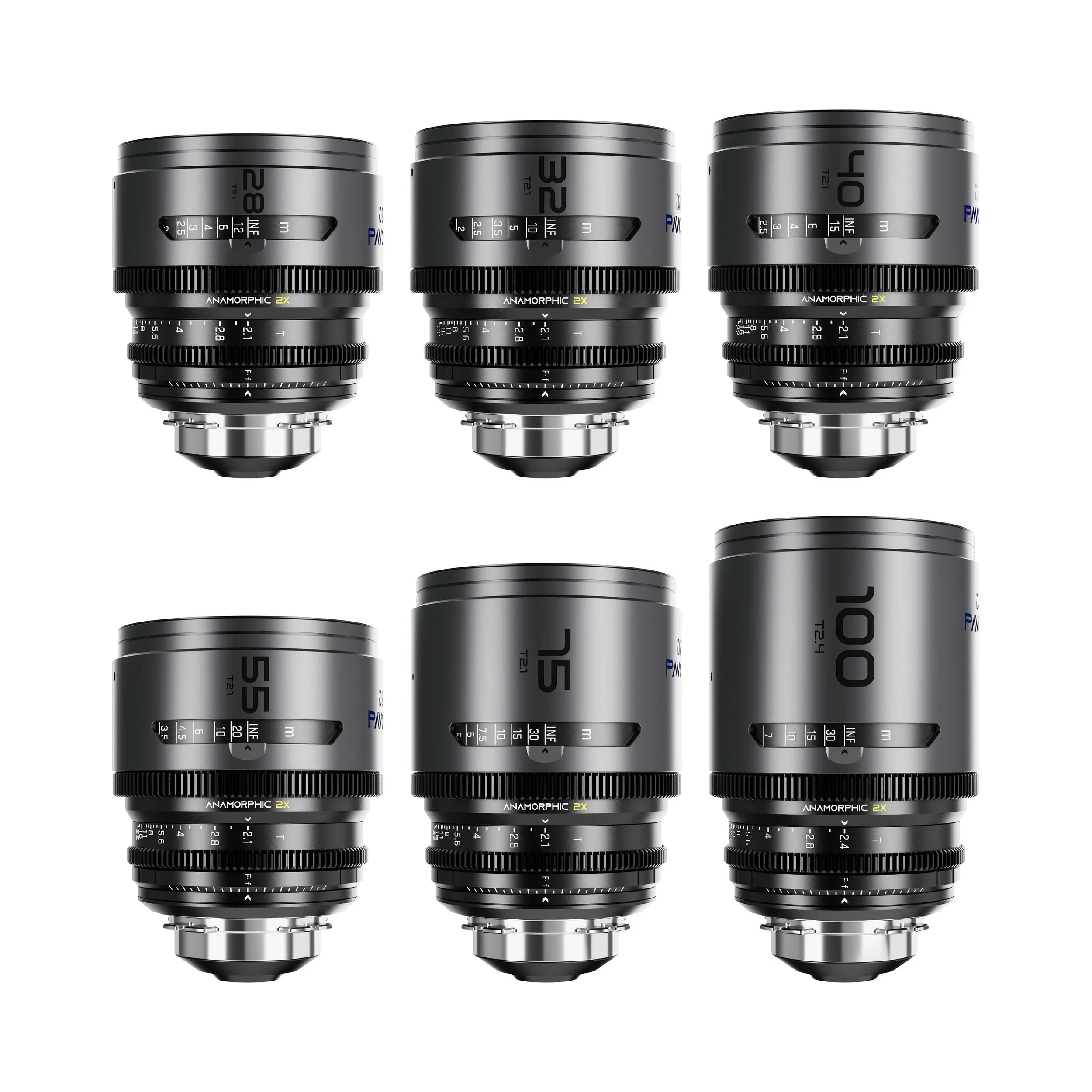 DZOFilm Pavo 2x anamorphic 6-lens set 28/32/40/55/75/100mm T2.1 - T2.4 (100mm) Blue Coating- PL&EF mount (feet)