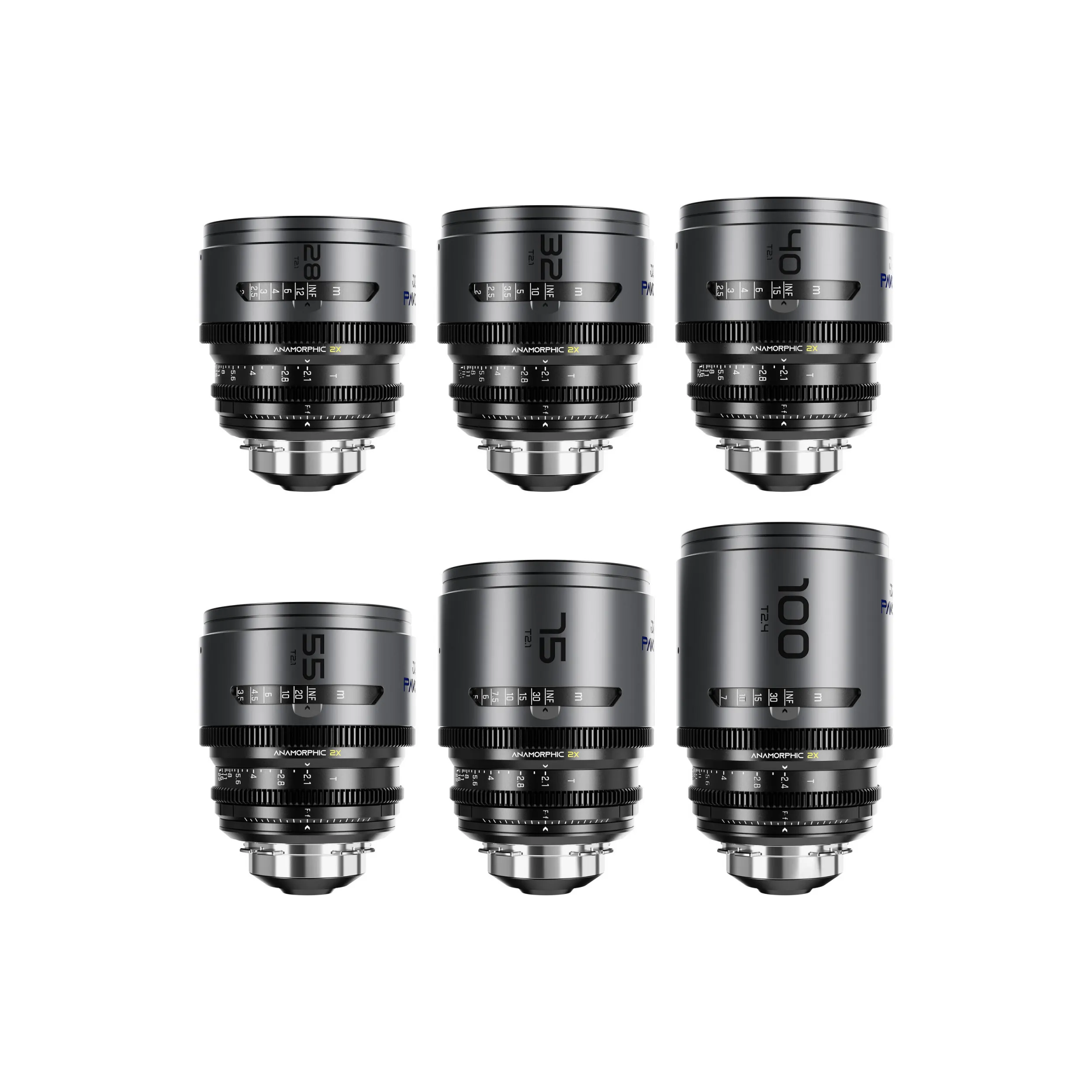 DZOFilm Pavo 2x anamorphic 6-lens set 28/32/40/55/75/100mm T2.1 - T2.4 (100mm) Blue Coating- PL&EF mount (feet)