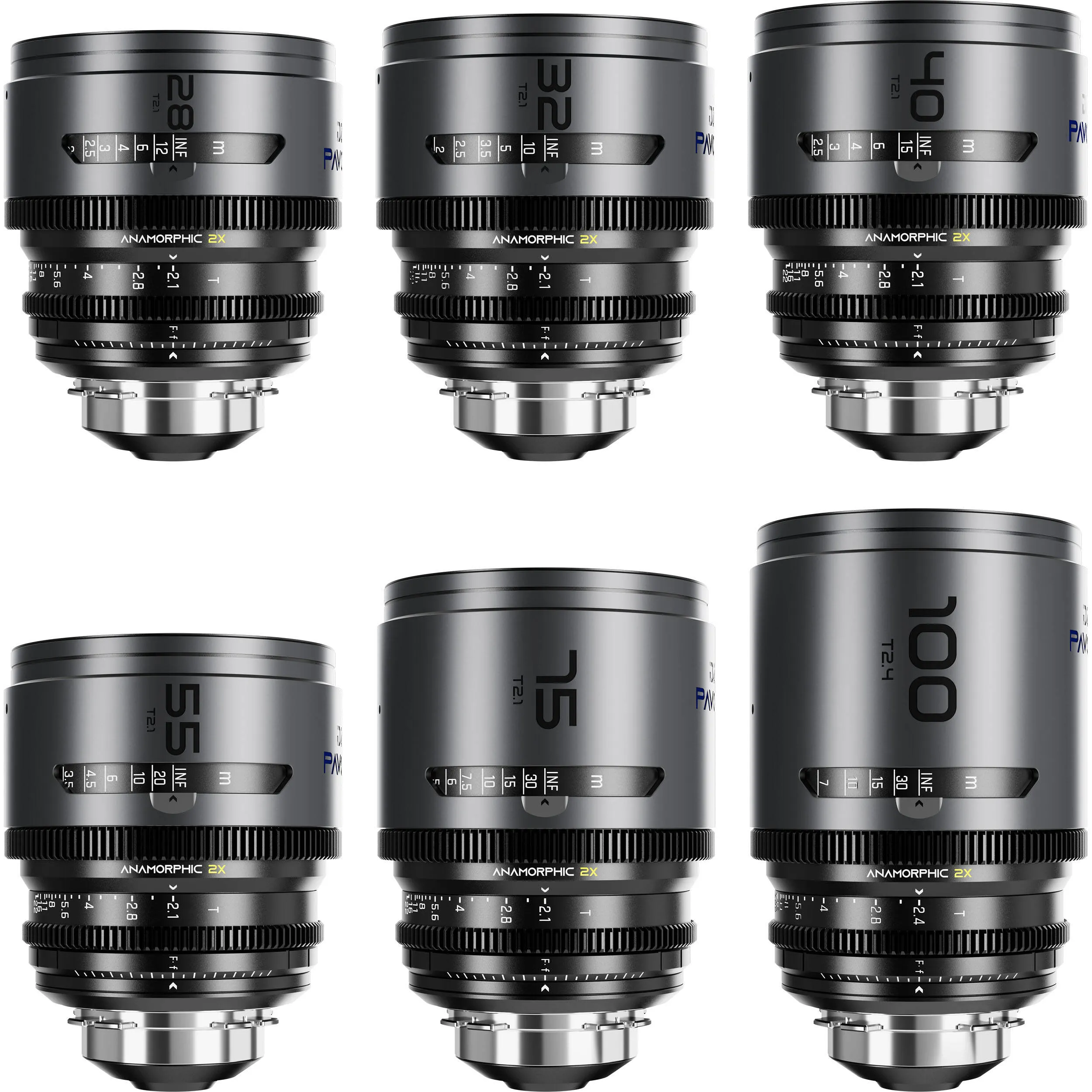DZOFilm Pavo 2x anamorphic 6-lens set 28/32/40/55/75/100mm T2.1 - T2.4 (100mm) Blue Coating- PL&EF mount (feet)