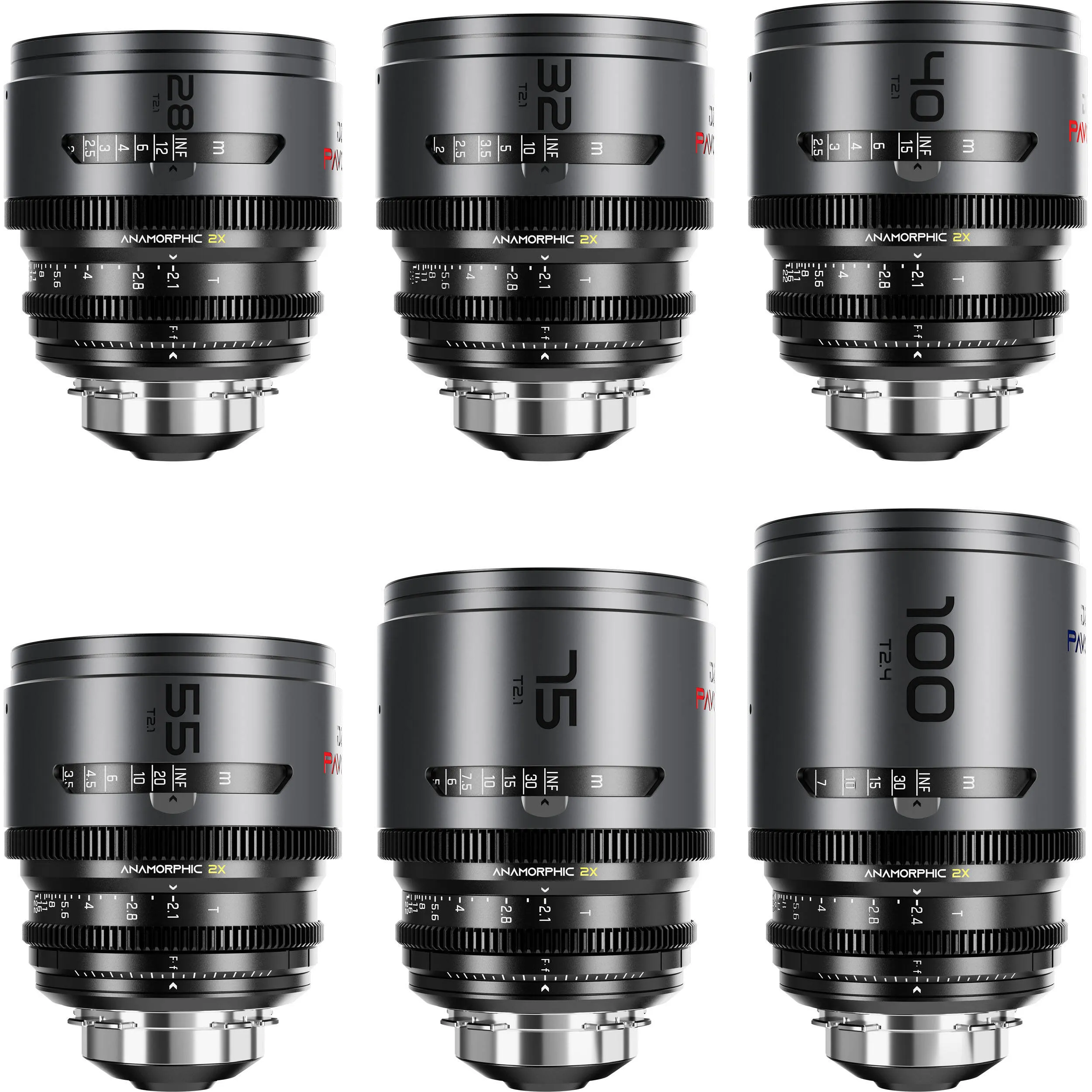 DZOFilm Pavo 2x anamorphic 6-lens set 28/32/40/55/75/100mm T2.1 -T2.4 (100mm) Neutral Coating- PL&EF mount (feet)