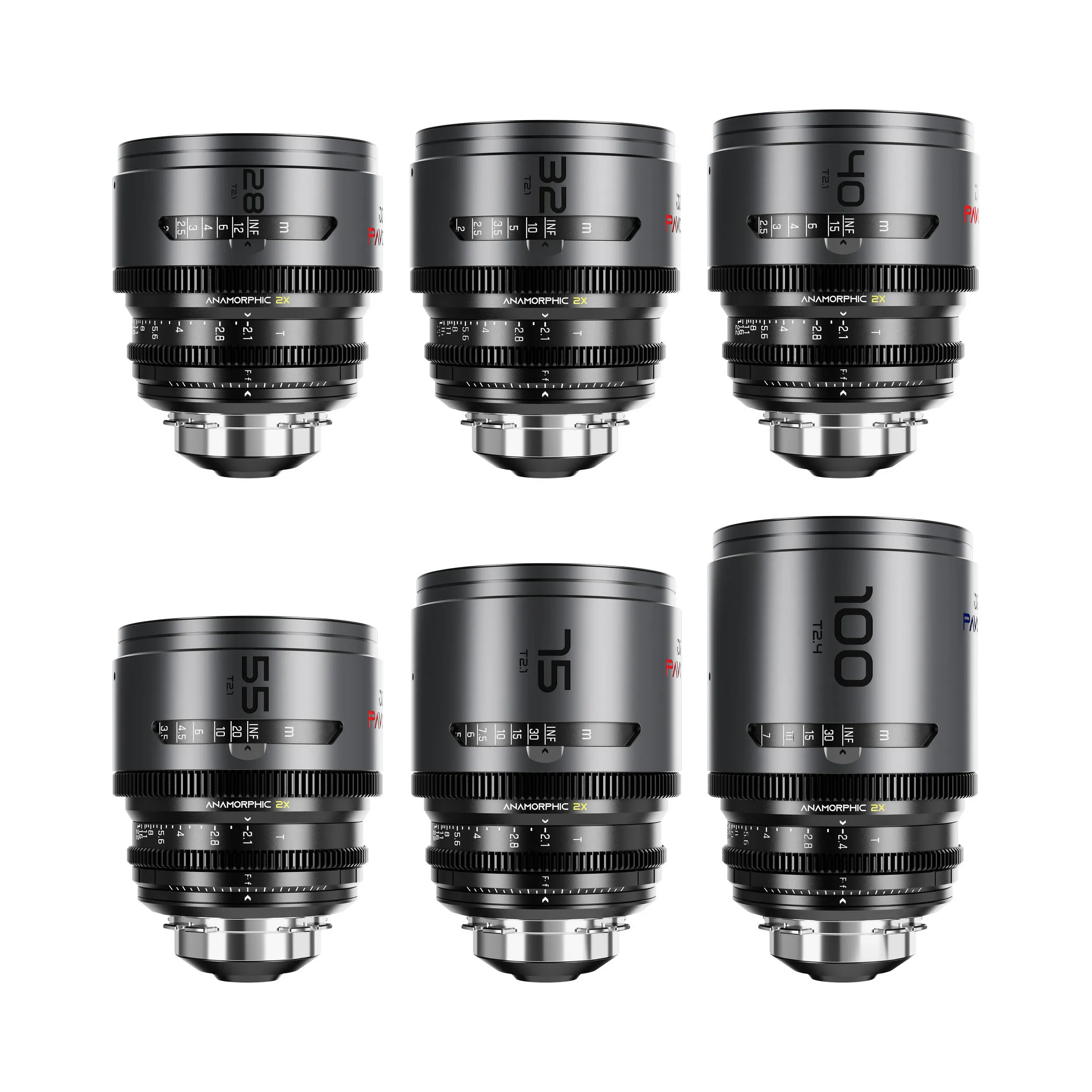 DZOFilm Pavo 2x anamorphic 6-lens set 28/32/40/55/75/100mm T2.1 -T2.4 (100mm) Neutral Coating- PL&EF mount (feet)