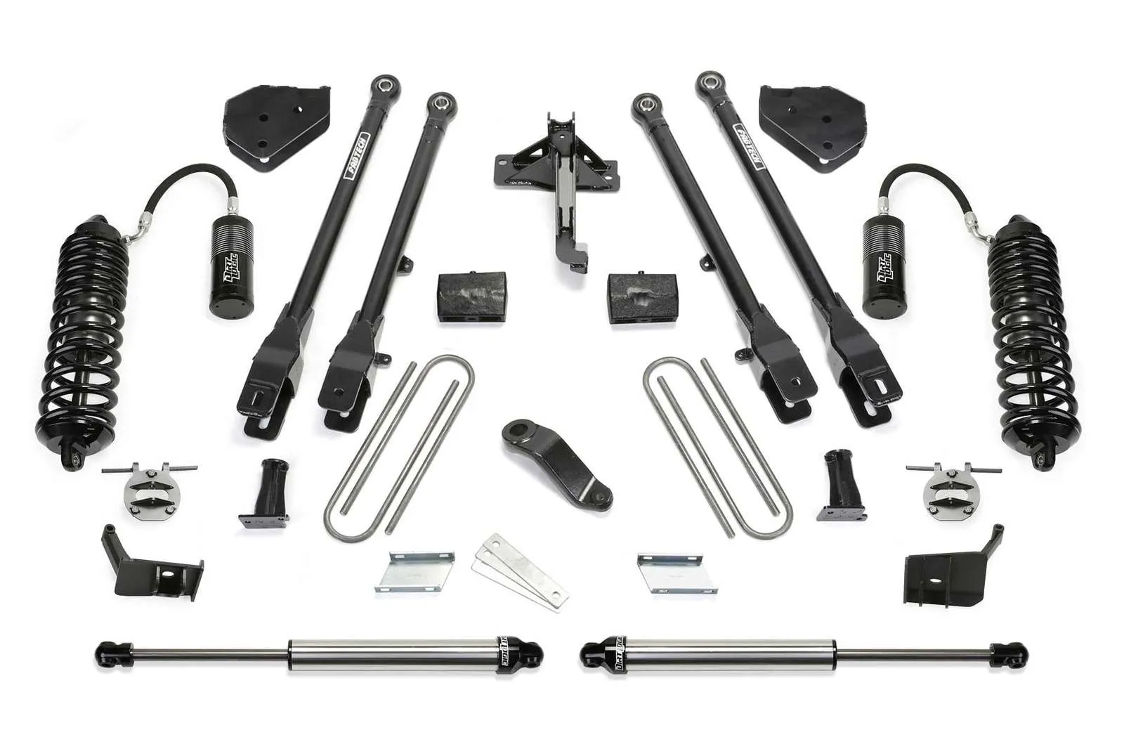 Fabtech 4" 4 Link System w/Front Dirt Logic 4.0 Coilovers w/Reservoir & Rear 2.25 Shocks Kit for 2017-2024 Ford F250 Super Duty 4WD w/4" lift