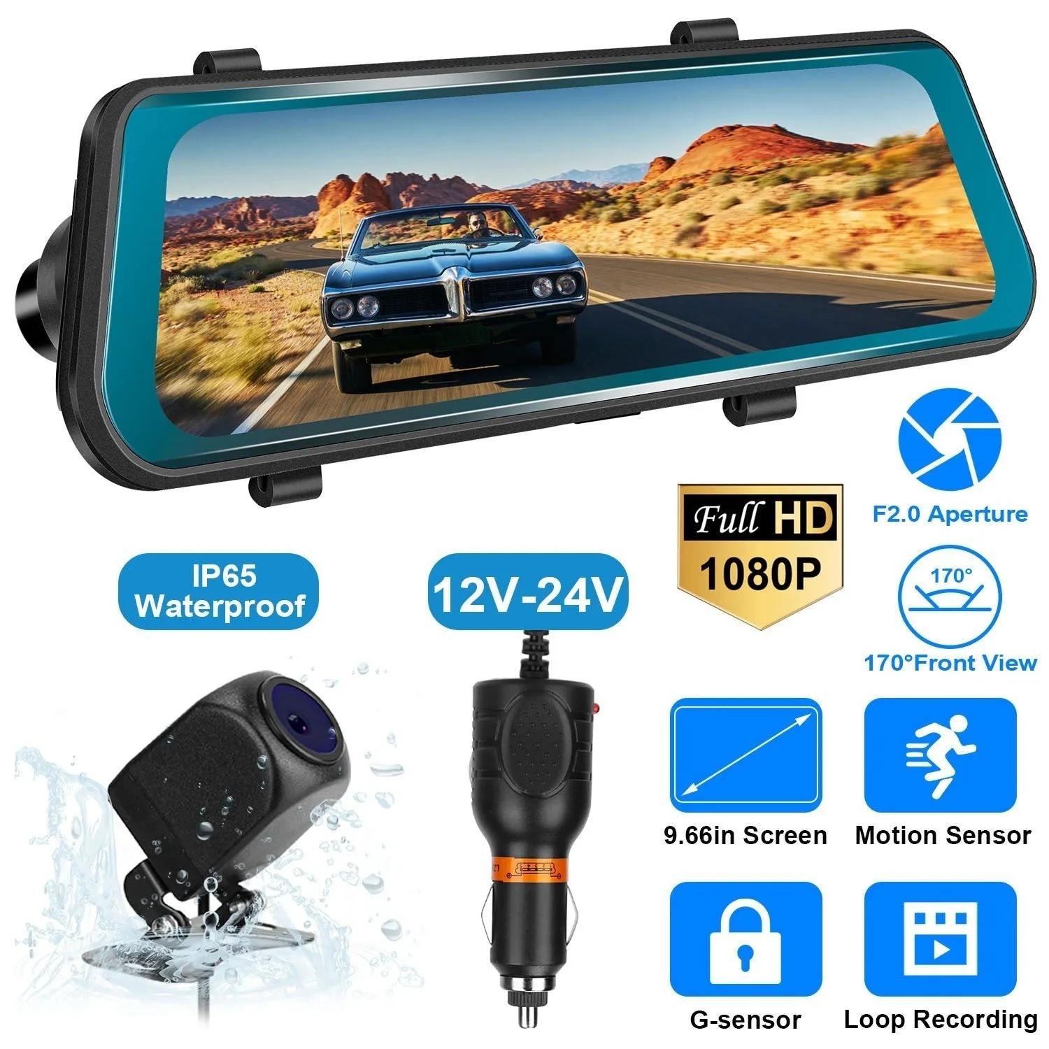 FHD 1080P Car DVR Dash Camera 9.66In Vehicle Driving Recorder w/