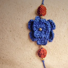 Handmade Crochet Rakhi with Rudraksh - Navy Blue double flower