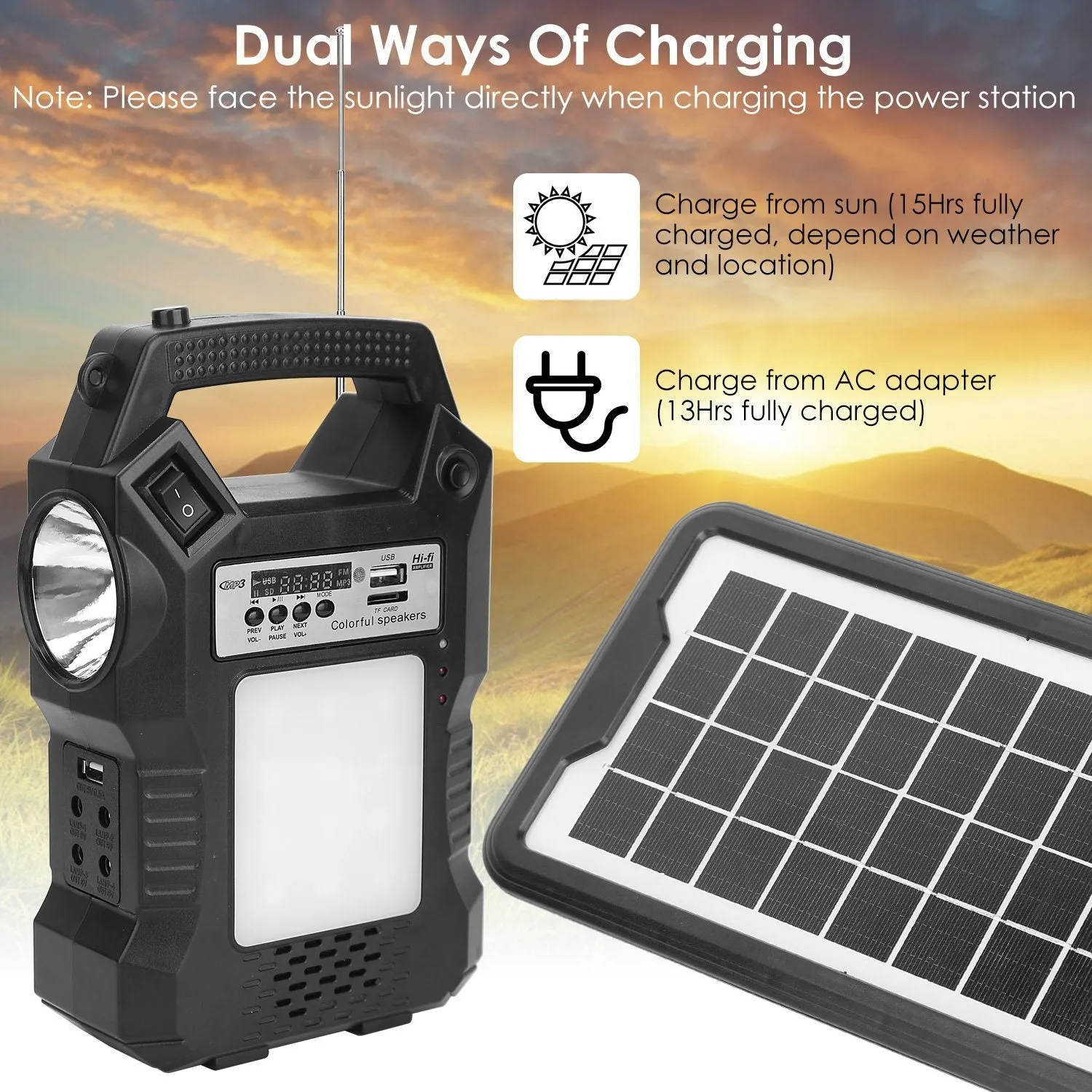 Portable Solar Power Station with Flashlight and 3 Lighting Bulbs