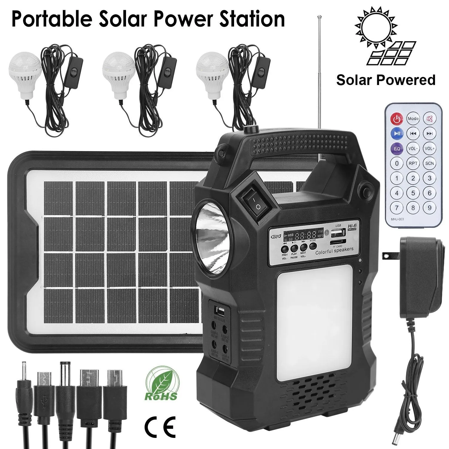 Portable Solar Power Station with Flashlight and 3 Lighting Bulbs