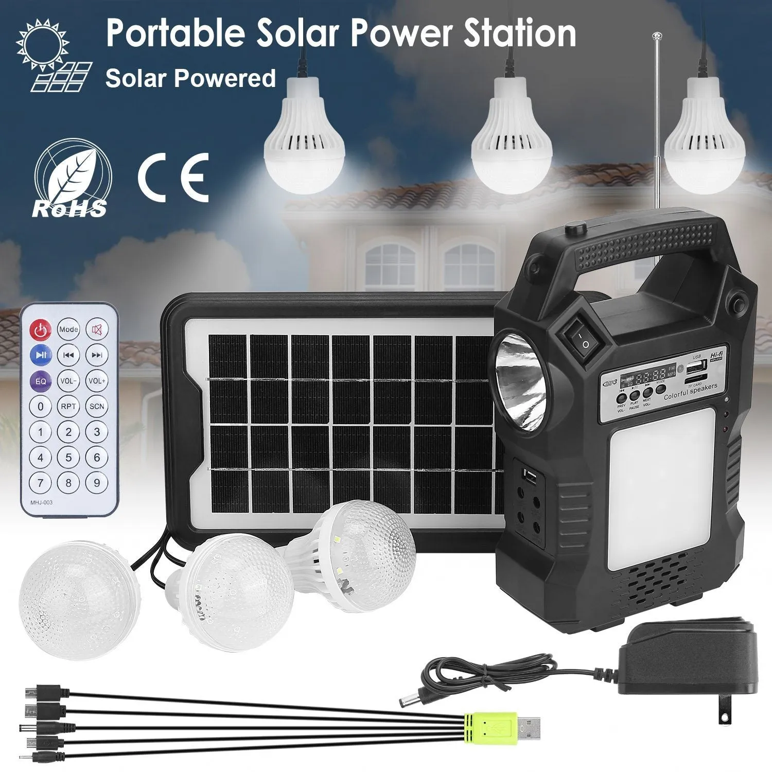 Portable Solar Power Station with Flashlight and 3 Lighting Bulbs