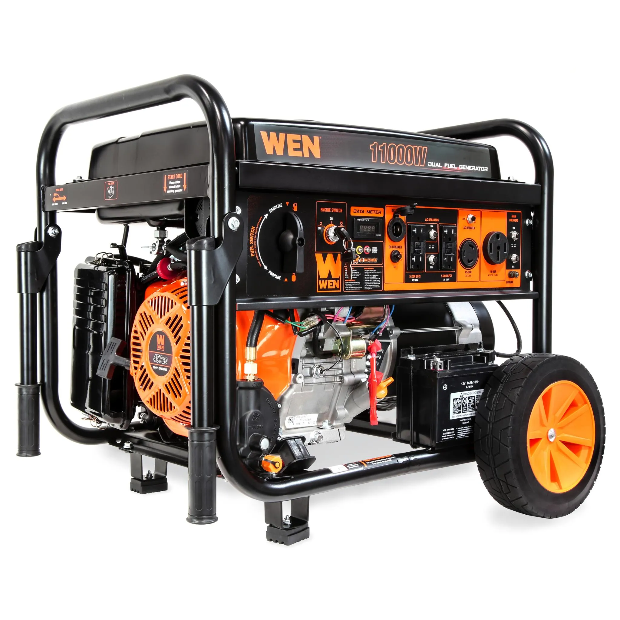 WEN DF1100X 11000-Watt 120-Volt/240-Volt Dual Fuel Transfer-Switch Ready Electric Start Portable Generator with Wheel Kit and CO Shutdown Sensor