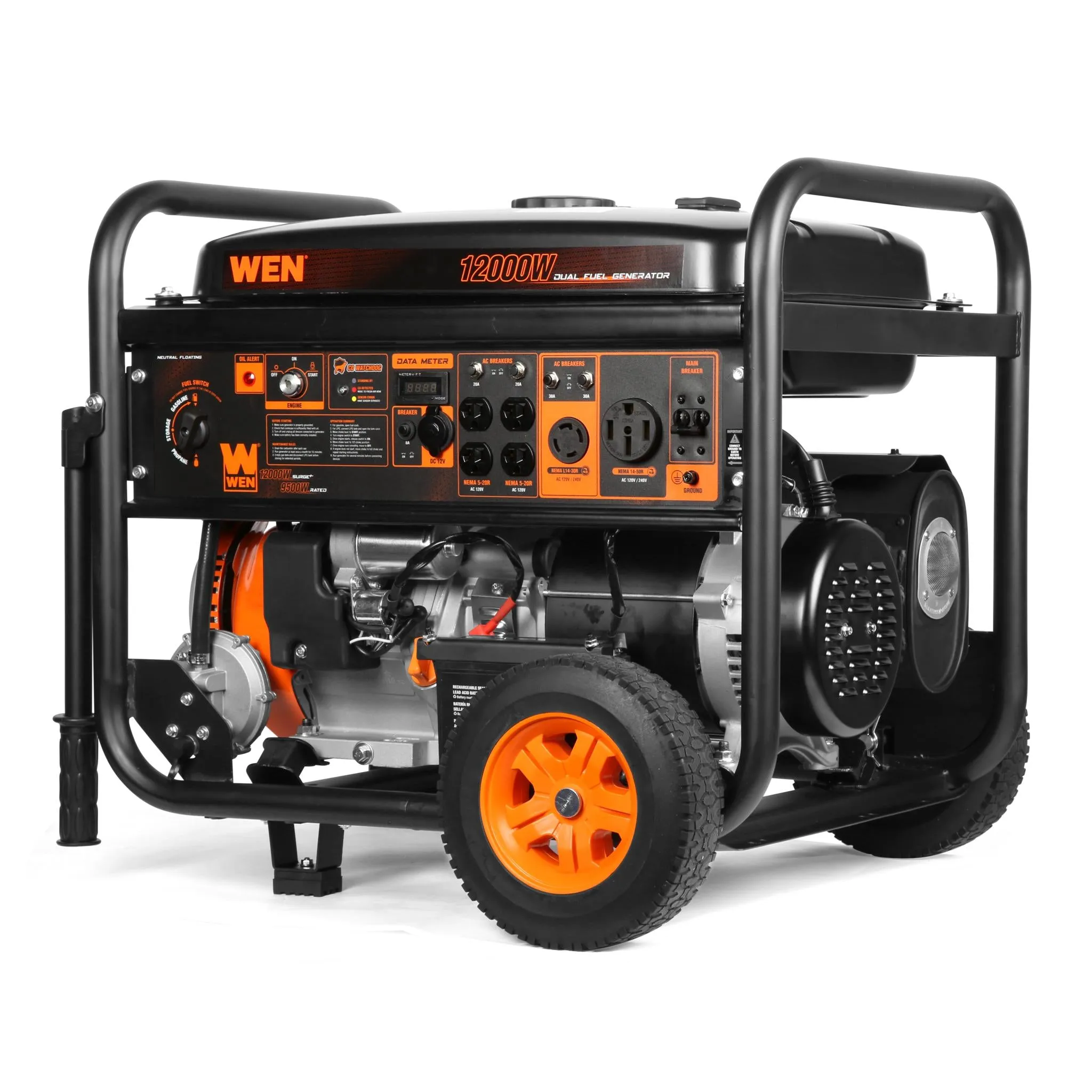WEN DF1200X 12000-Watt 120-Volt/240-Volt Dual Fuel Transfer-Switch Ready Electric Start Portable Generator with Wheel Kit and CO Shutdown Sensor