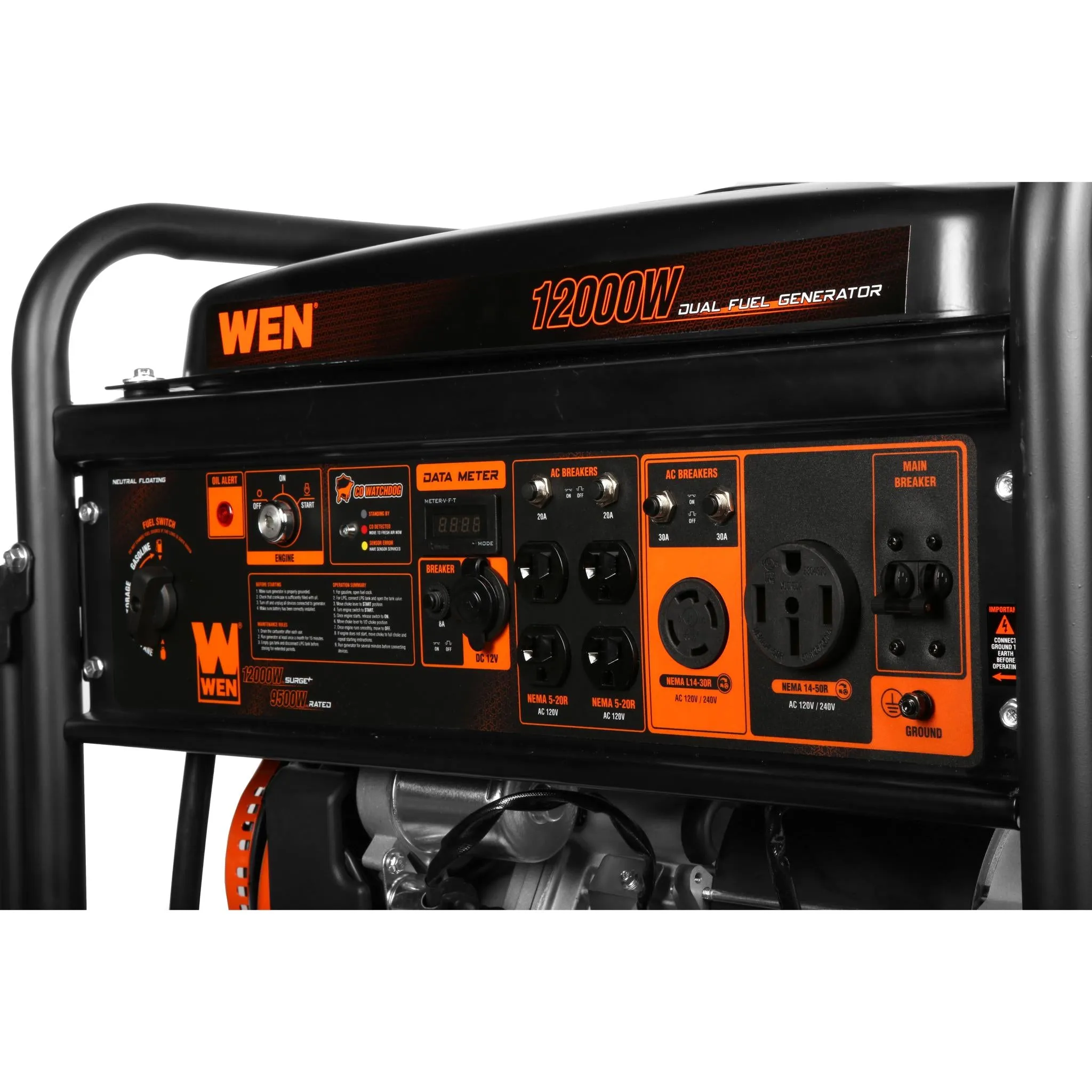 WEN DF1200X 12000-Watt 120-Volt/240-Volt Dual Fuel Transfer-Switch Ready Electric Start Portable Generator with Wheel Kit and CO Shutdown Sensor