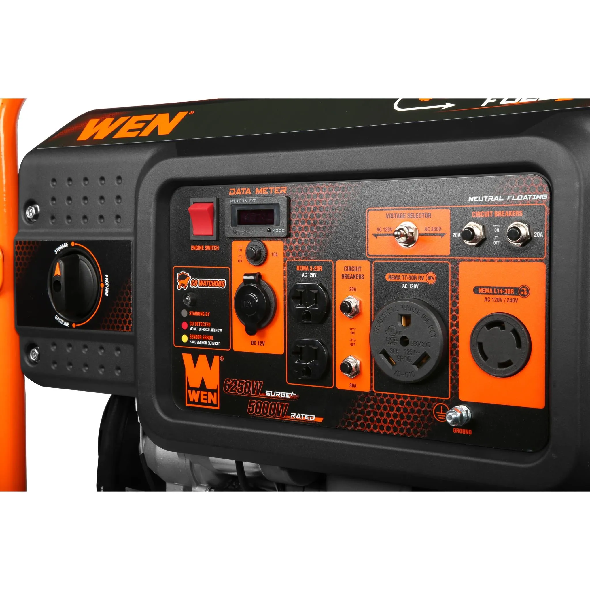 WEN DF623X 6250-Watt 120-Volt/240-Volt Dual Fuel Electric Start Portable Generator with Wheel Kit and CO Shutdown Sensor