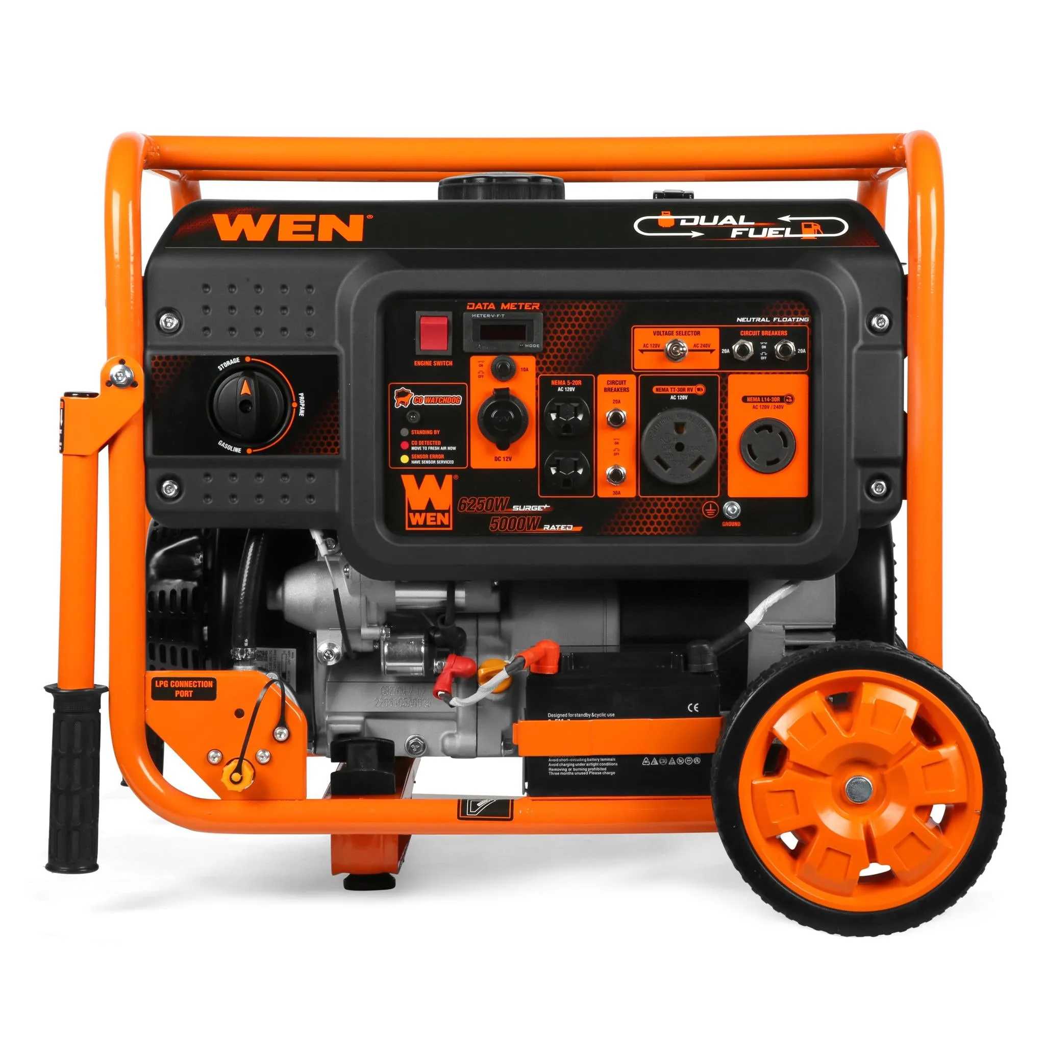 WEN DF623X 6250-Watt 120-Volt/240-Volt Dual Fuel Electric Start Portable Generator with Wheel Kit and CO Shutdown Sensor