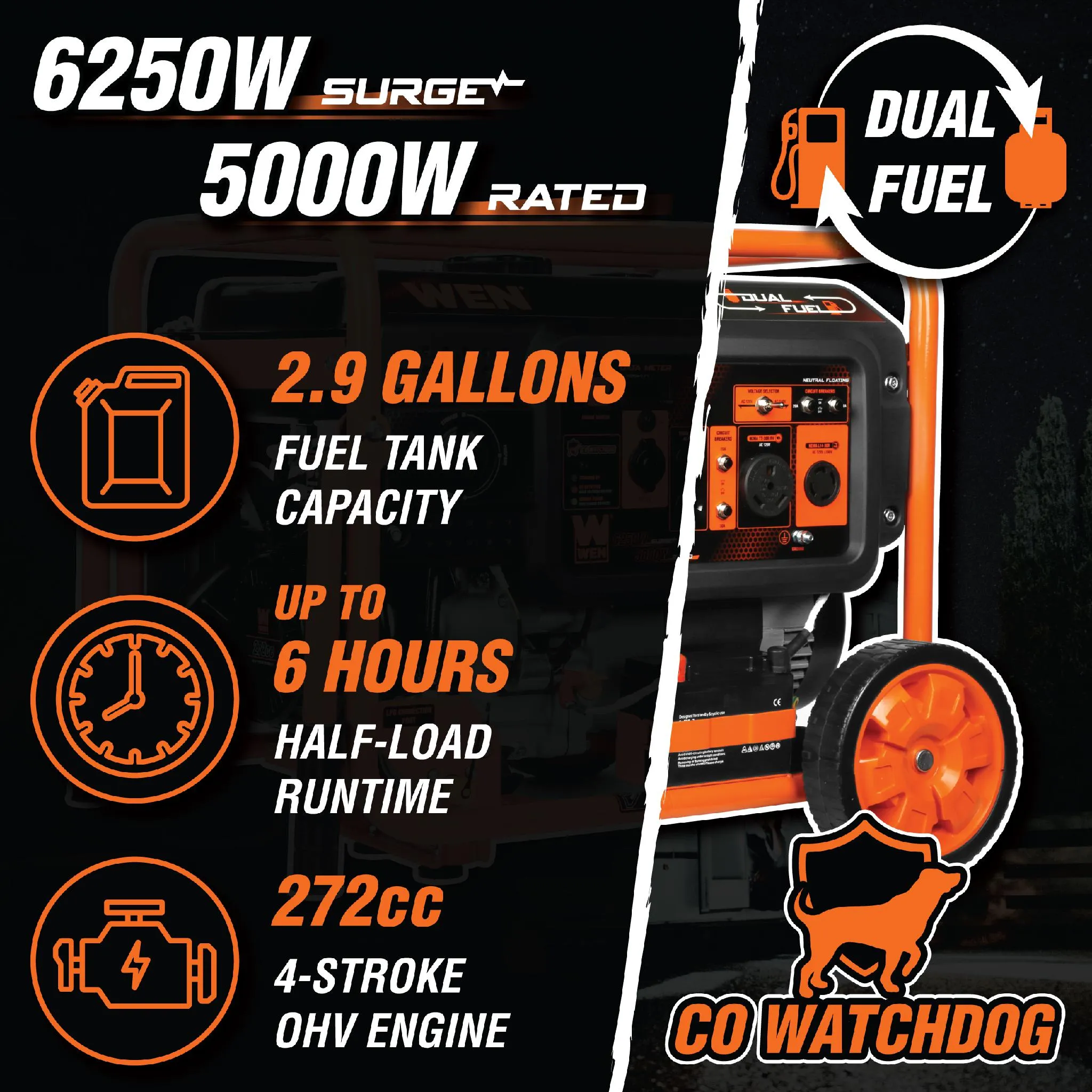 WEN DF623X 6250-Watt 120-Volt/240-Volt Dual Fuel Electric Start Portable Generator with Wheel Kit and CO Shutdown Sensor