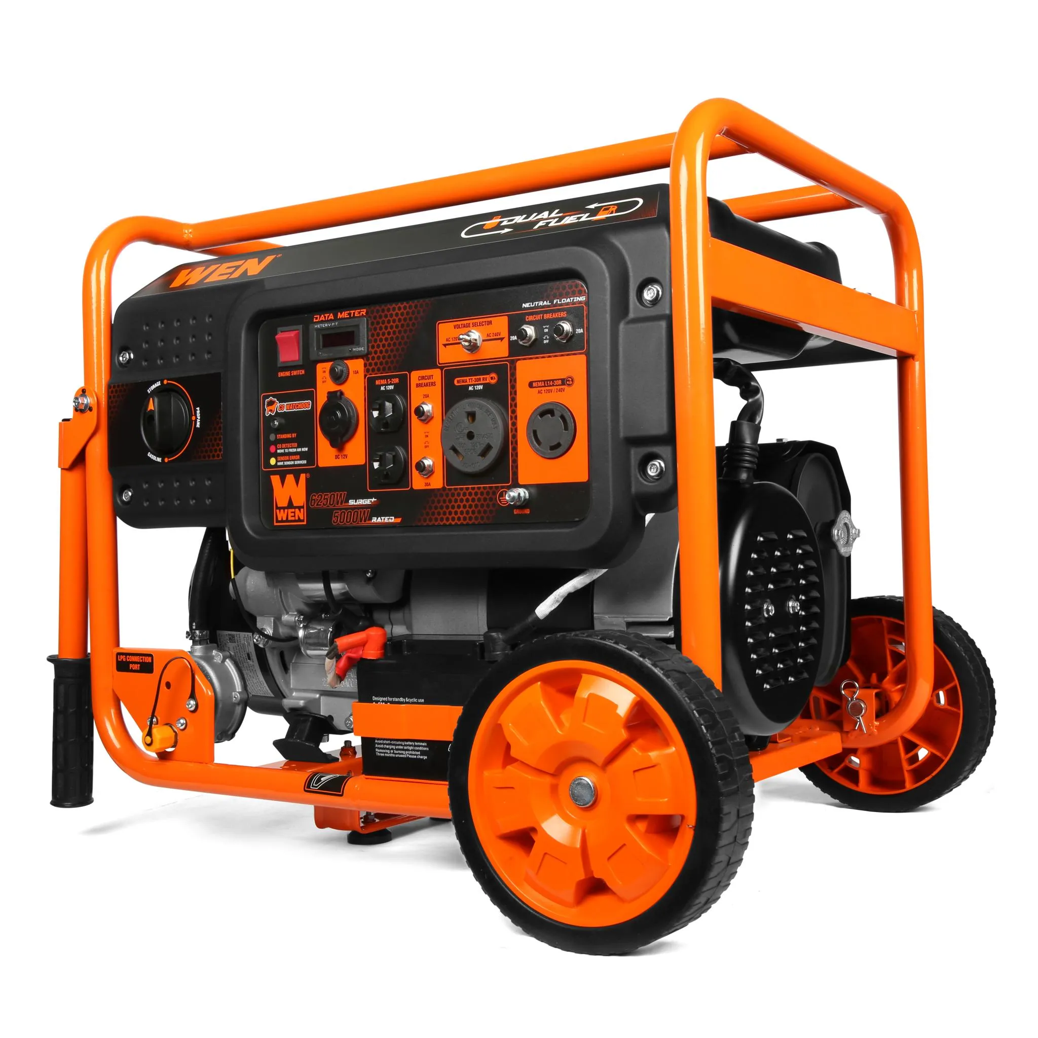 WEN DF623X 6250-Watt 120-Volt/240-Volt Dual Fuel Electric Start Portable Generator with Wheel Kit and CO Shutdown Sensor