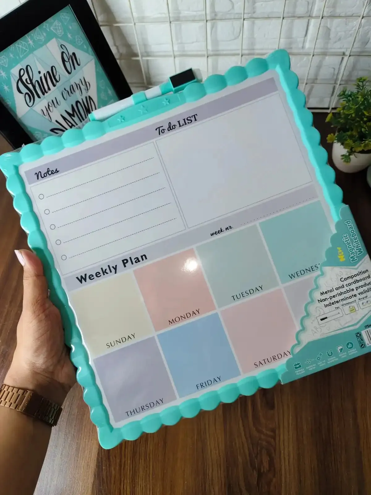 White board Weekly planner with magnetic hooks and marker